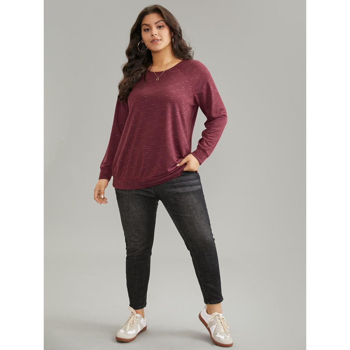 Plus Size Plain Stitch Raglan Sleeve Round Neck Sweatshirt Women Burgundy Casual Plain Round Neck Everyday Sweatshirts BloomChic 30/6X Product Image