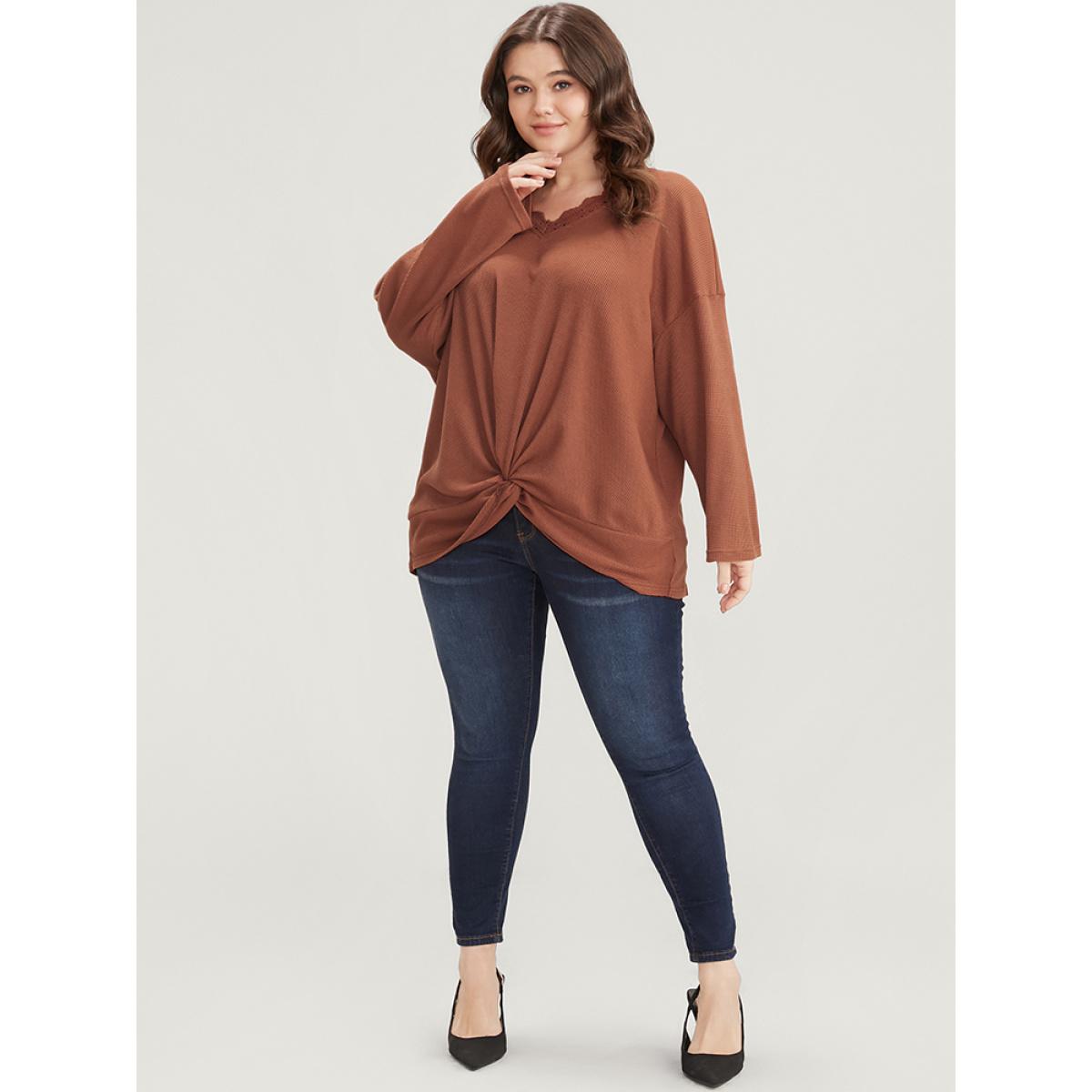 Plus Size Solid V Neck Lace Trim Twist Front Sweatshirt Women Rust Elegant Twist-front V-neck Dailywear Sweatshirts BloomChic 10/M Product Image