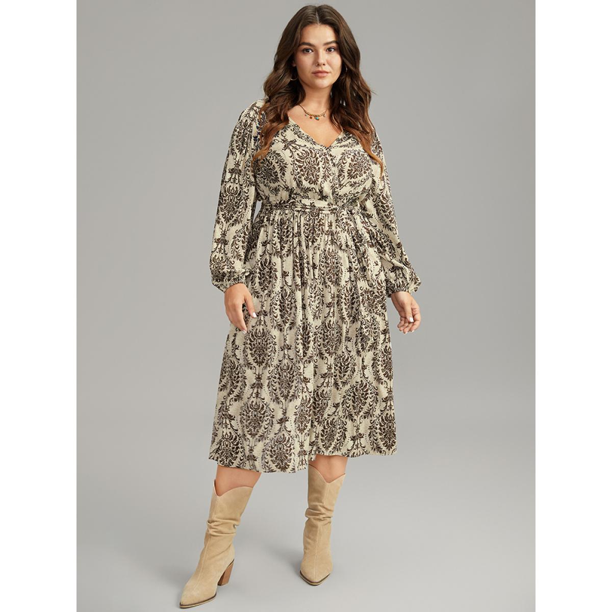 Plus Size Supersoft Essentials Boho Print Elastic Waist Belted Dress Tan Women Vacation Elastic cuffs Overlap Collar Long Sleeve Curvy Midi Dress BloomChic 14-16/1X Product Image