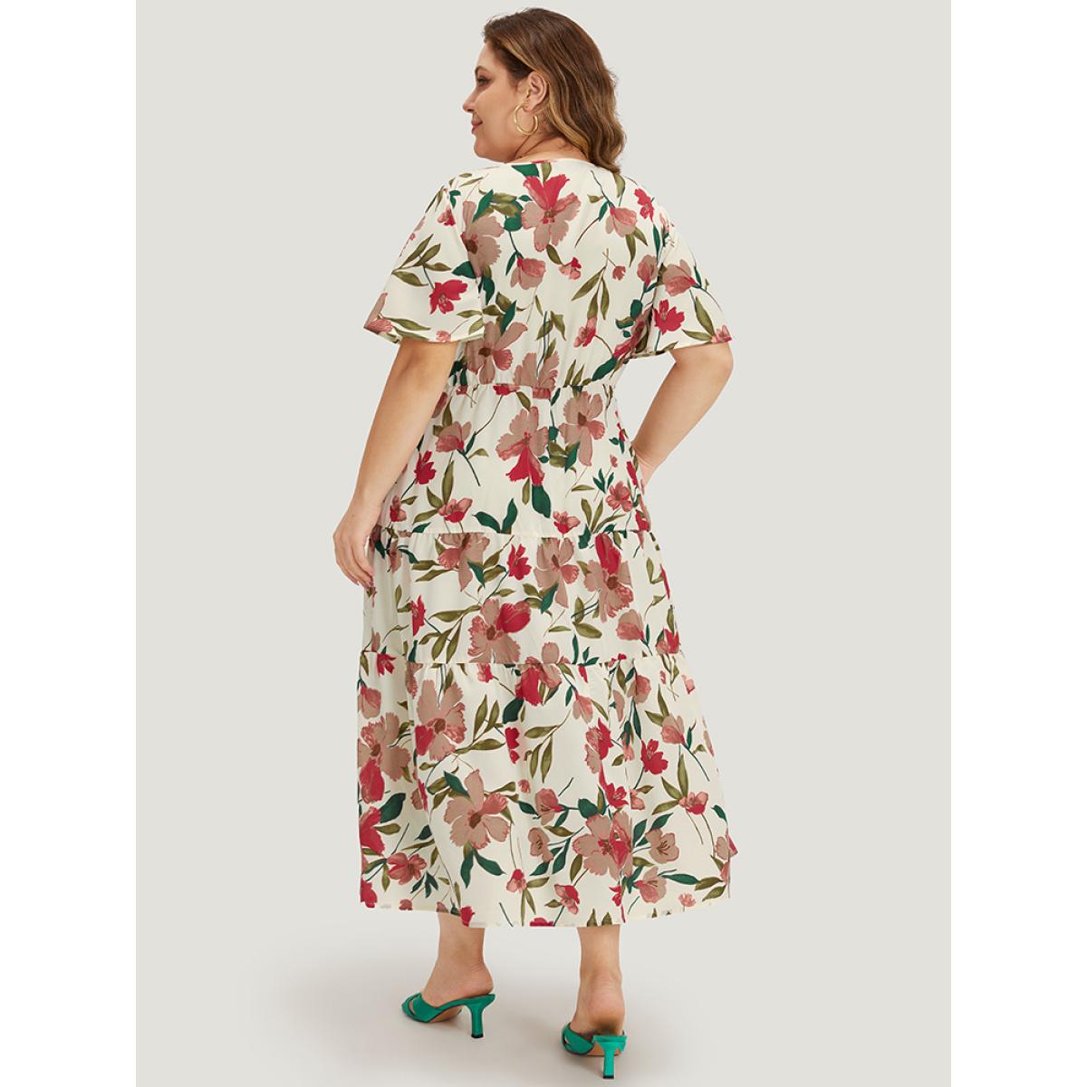 Plus Size Floral Print Pocket Frill Trim Ruffle Layered Hem Dress Apricot Women Elegant Gathered V-neck Short sleeve Curvy Midi Dress BloomChic 22-24/3X Product Image