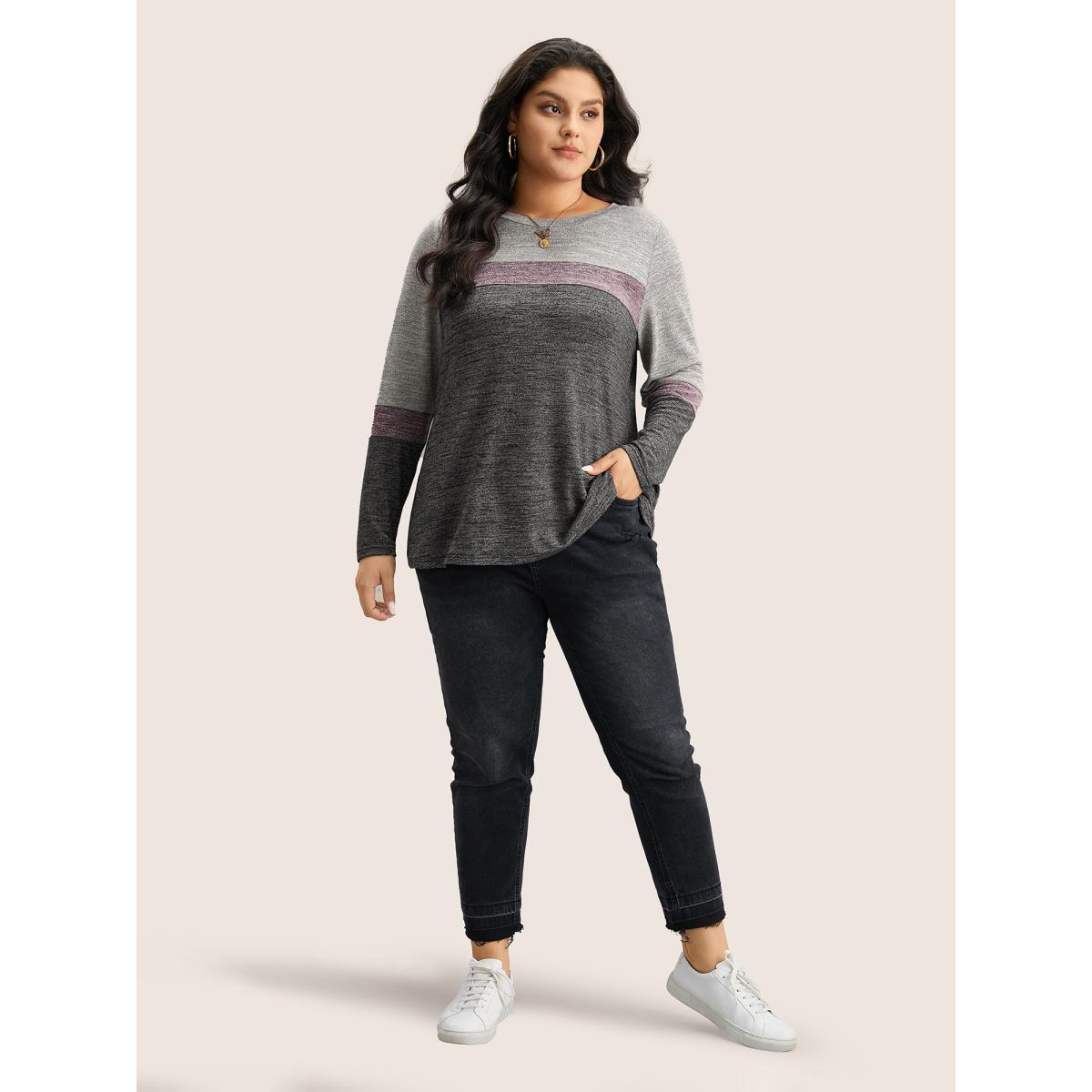 Plus Size Heather Colorblock Contrast Crew Neck T-shirt Multicolor Women Casual Texture Plain Round Neck Everyday T-shirts BloomChic 18-20/2X Product Image