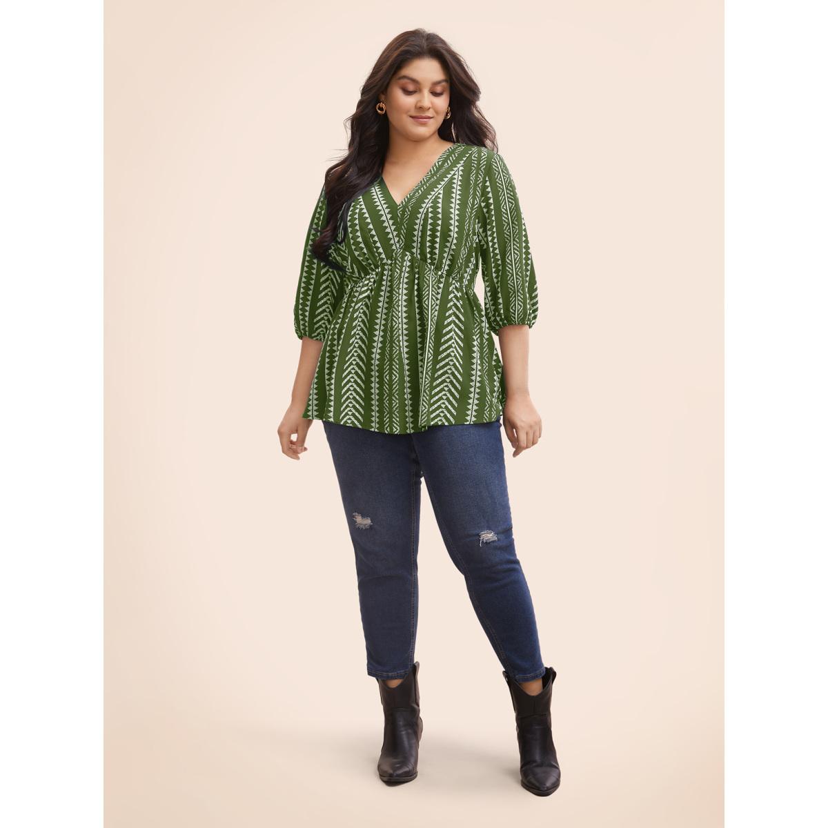 Plus Size ArmyGreen Bandana Geometric Lantern Sleeve Gathered Blouse Women Resort Elbow-length sleeve V-neck Vacation Blouses BloomChic 22-24/3X Product Image
