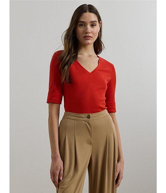Lauren Ralph Lauren Stretch Cotton V-Neck Elbow Sleeve Fitted Tee Product Image