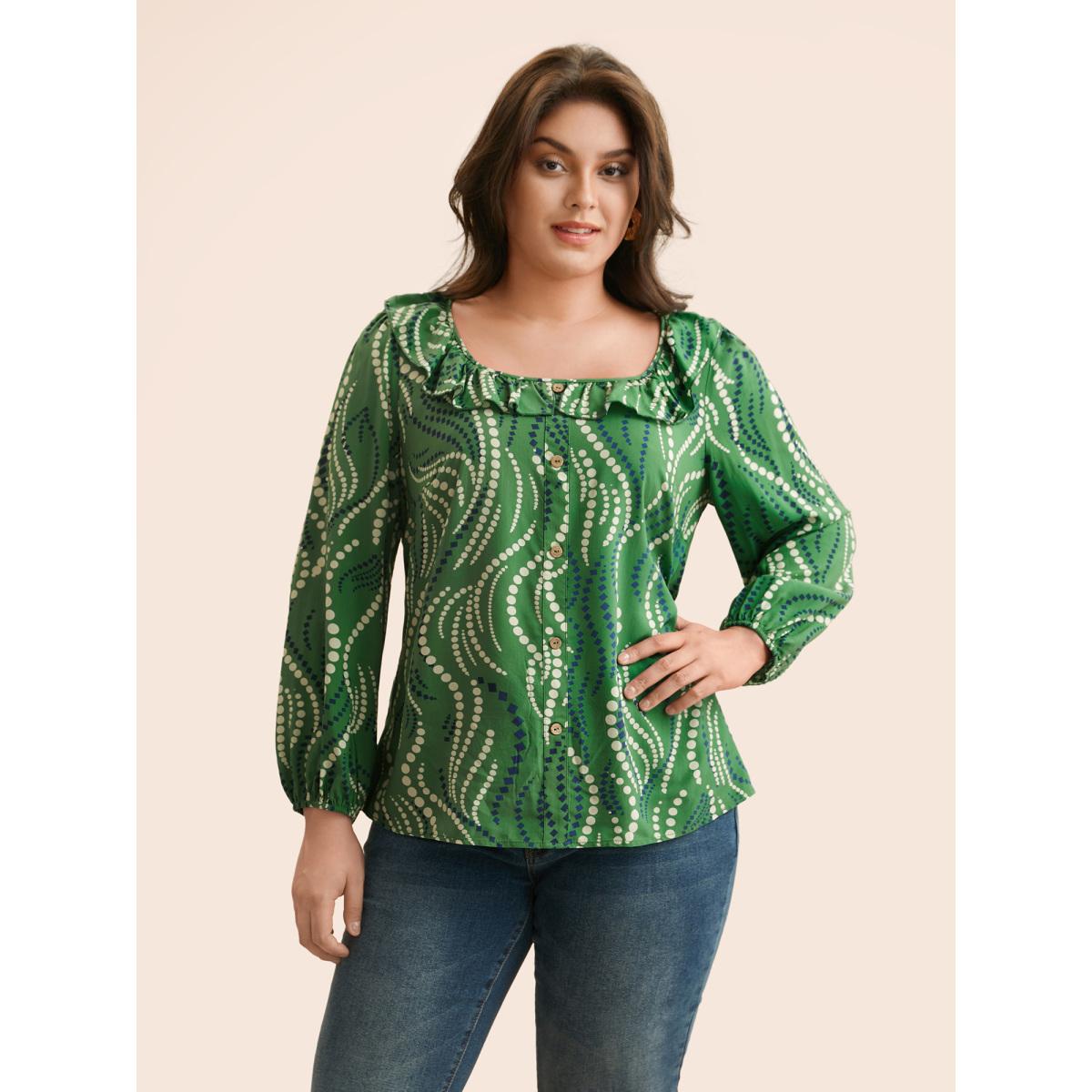Plus Size Moss Polka Dot Ruffles Button Detail Blouse Women Elegant Long Sleeve Square Neck Everyday Blouses BloomChic 14-16/1X Product Image