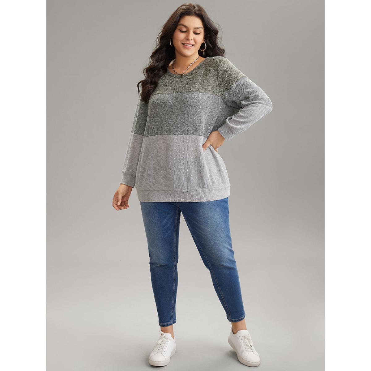 Plus Size Heather Colorblock Contrast Knit Sweatshirt Women Multicolor Casual Heather Round Neck Dailywear Sweatshirts BloomChic 14-16/1X Product Image