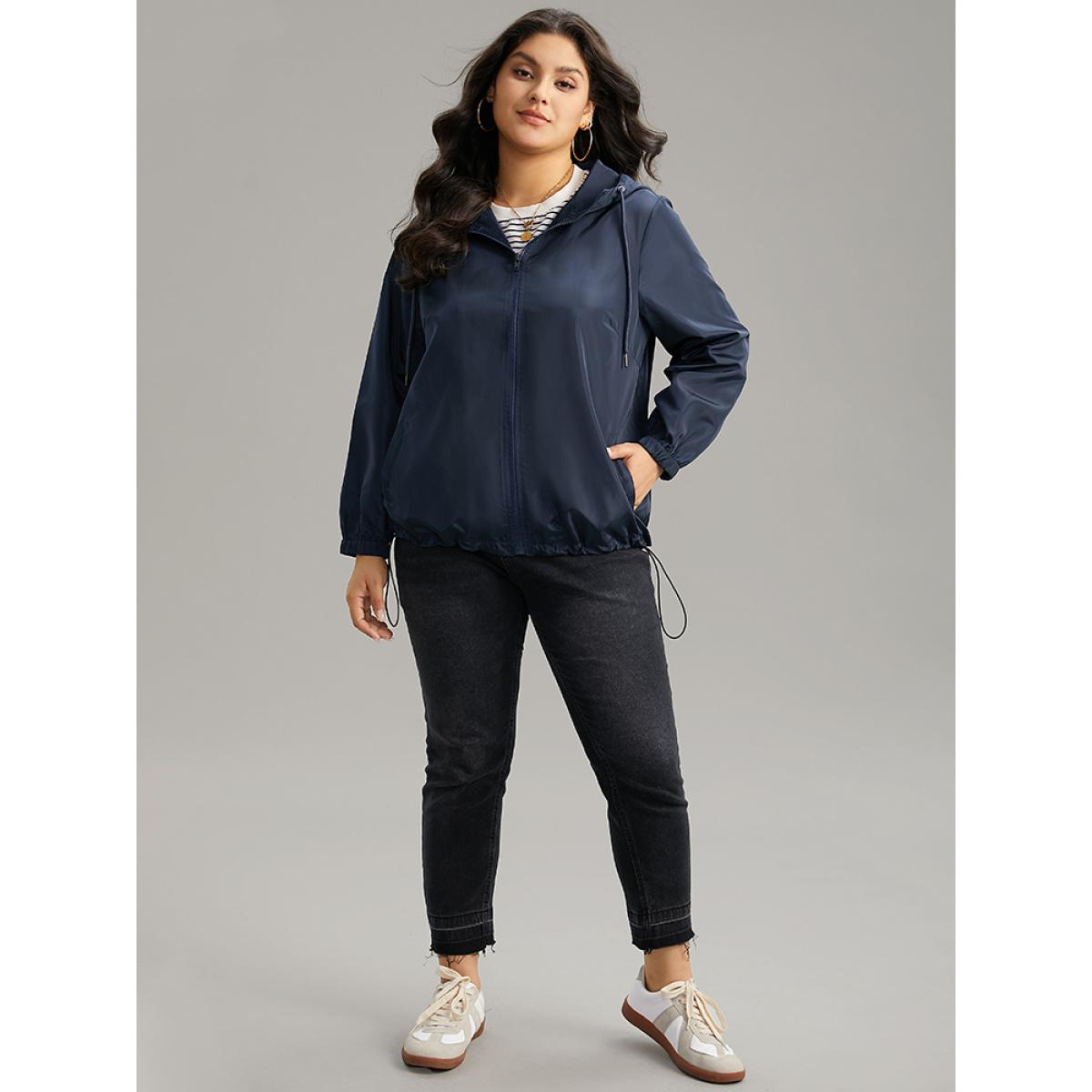 Plus Size Solid Drawstring Zipper Hooded Jacket Women Indigo Elastic cuffs Pocket Dailywear Jackets BloomChic 10/M Product Image
