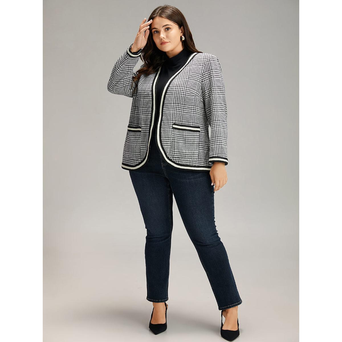 Plus Size Gingham Contrast Webbing Pocket Blazer Women Black Elegant Contrast Ladies Dailywear Winter Coats BloomChic 22-24/3X Product Image