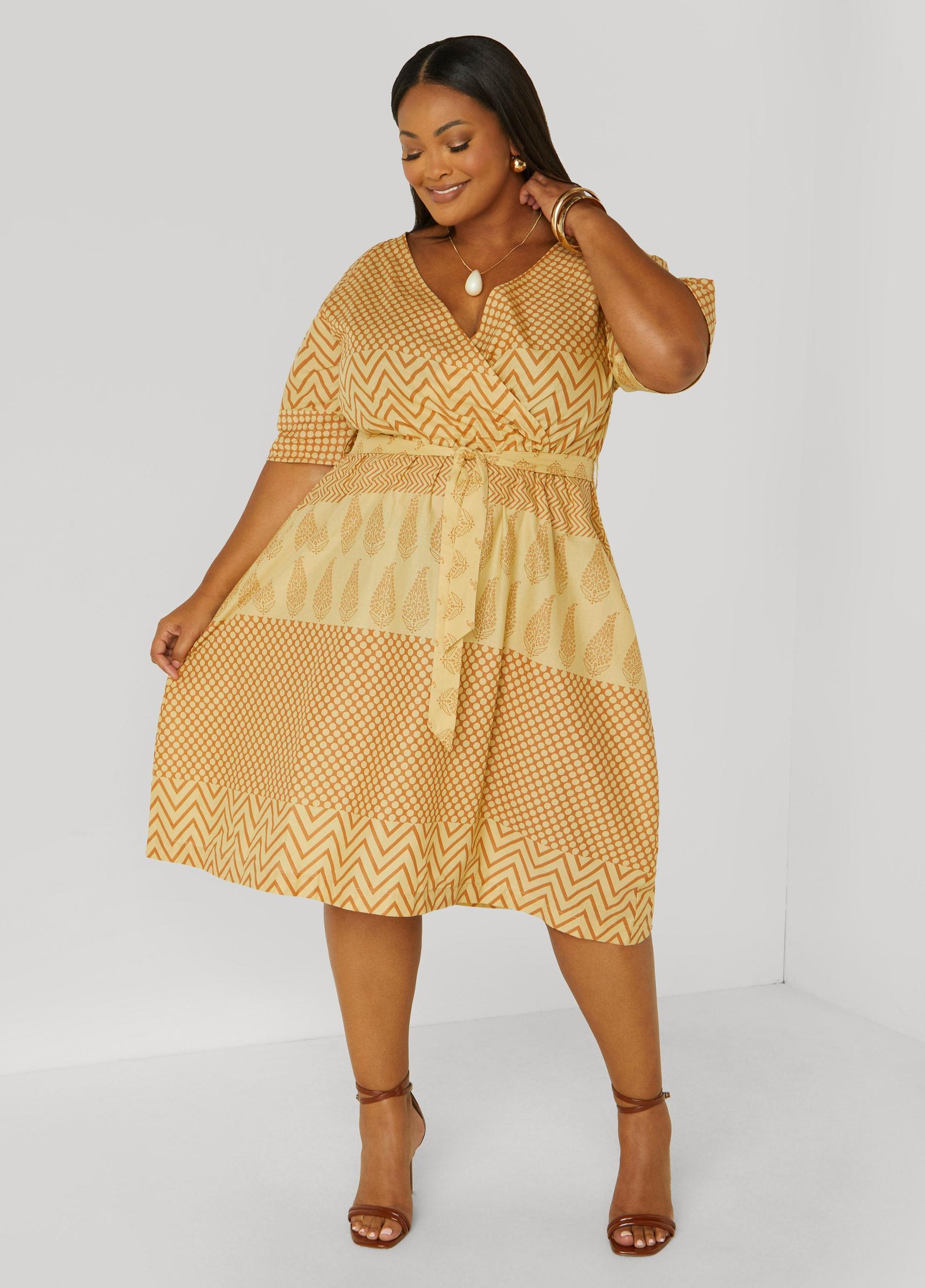 Plus Size Printed Cotton Faux Wrap Dress Ashley Stewart Product Image