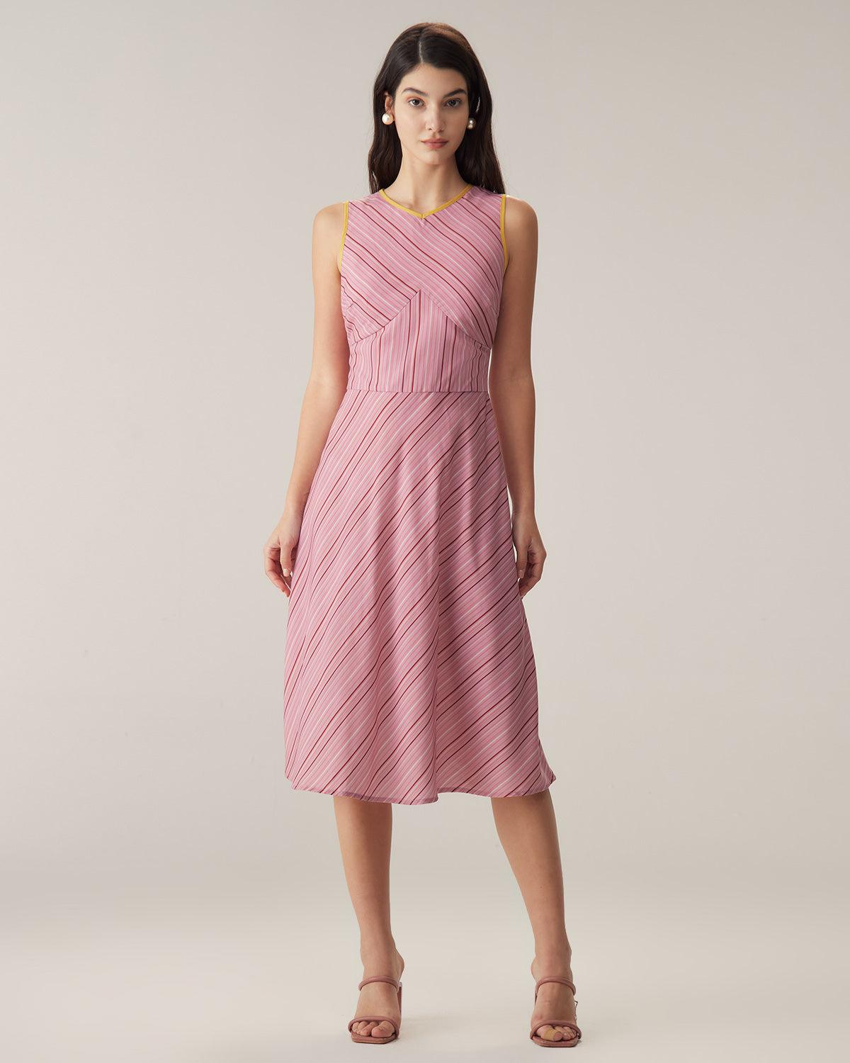 Pink Striped V Neck Sleeveless Midi Dresses Product Image