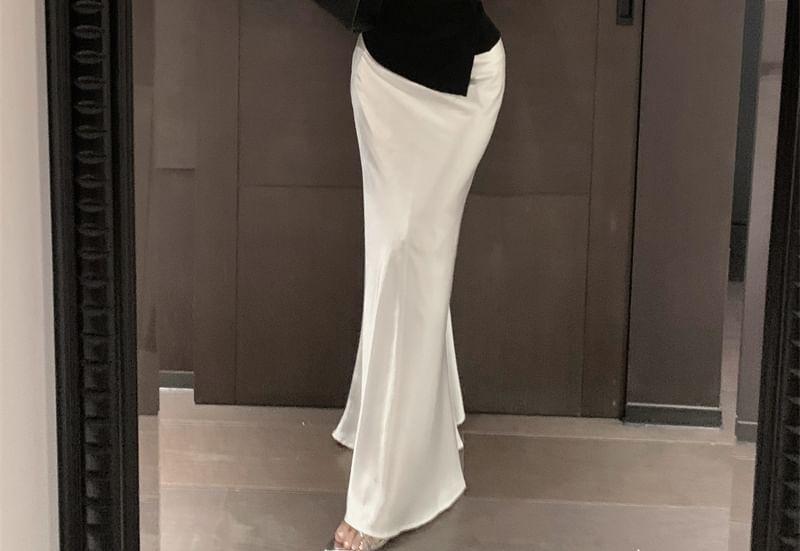 Plain Asymmetrical Tube Top / High Waist Plain Satin Maxi Mermaid Skirt Product Image