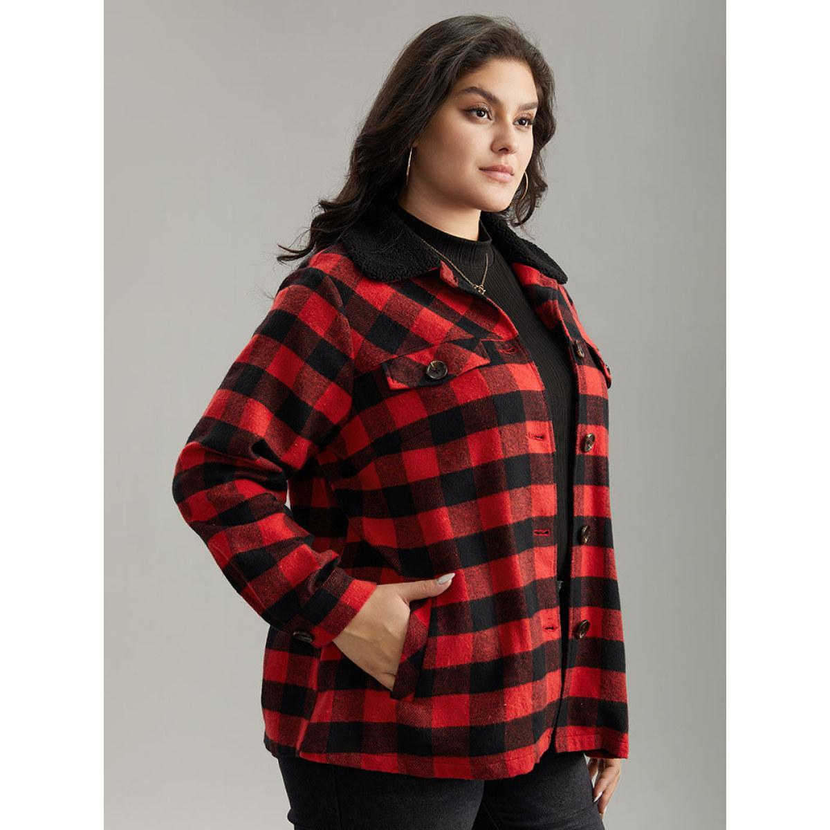 Plus Size Plaid Button Through Patchwork Contrast Shacket Women Red Casual Contrast Ladies Dailywear Winter Coats BloomChic 22-24/3X Product Image