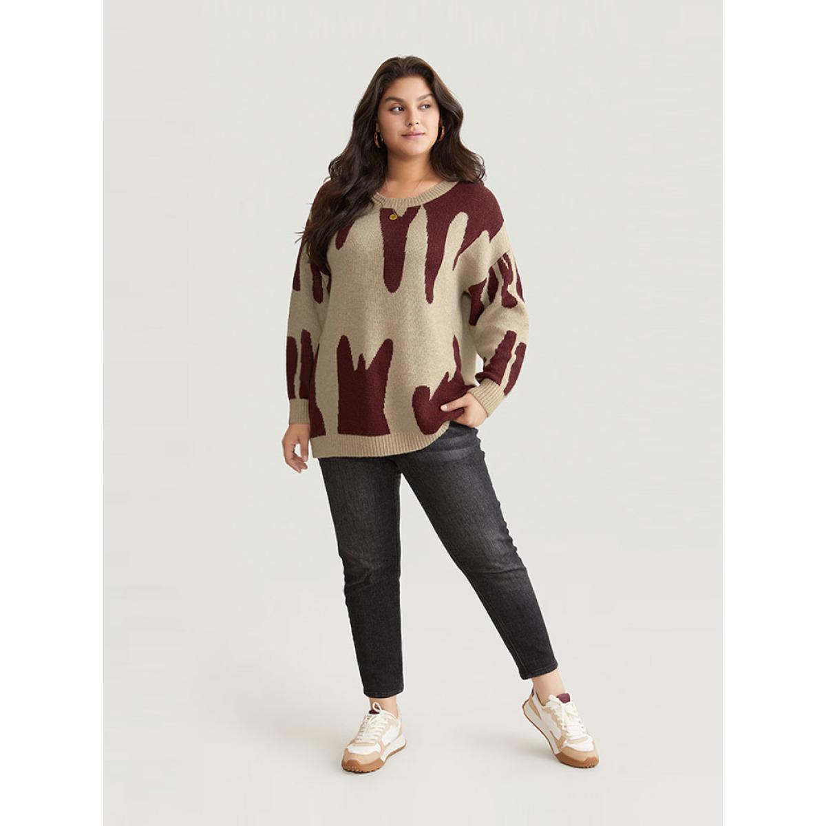 Plus Size Supersoft Essentials Asymmetrical Colorblock Jacquard Pullover Tan Women Casual Loose Long Sleeve Round Neck Dailywear Pullovers BloomChic 18-20/2X Product Image
