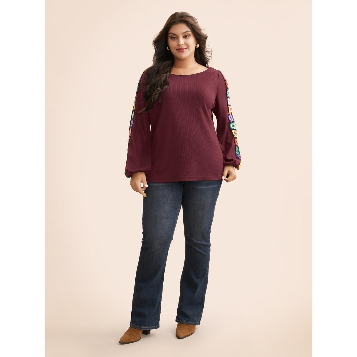 Plus Size Crew Neck Patchwork Crochet Floral T-shirt Burgundy Women Casual Woven ribbon&lace trim Non Everyday T-shirts BloomChic 28/5X Product Image