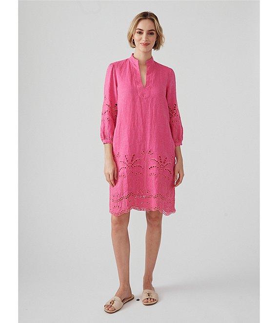 J.McLaughlin Woven Eyelet Split V-Neck 3/4 Sleeve Dress Product Image