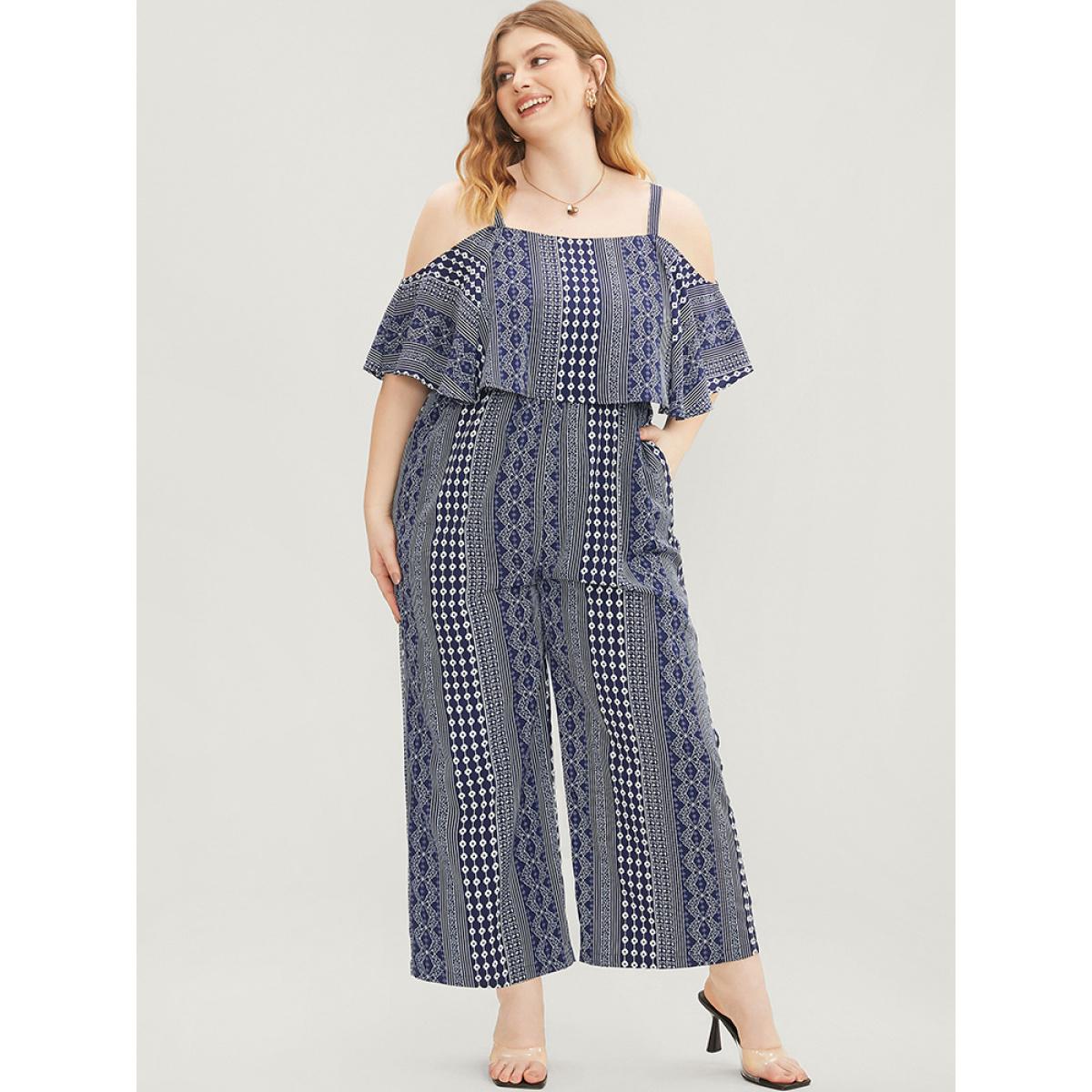 Plus Size Indigo Striped Geometric Pocket Ruffles Cold Shoulder Jumpsuit Women Vacation Short sleeve Cold Shoulder Dailywear Loose Jumpsuits BloomChic 30/6X Product Image