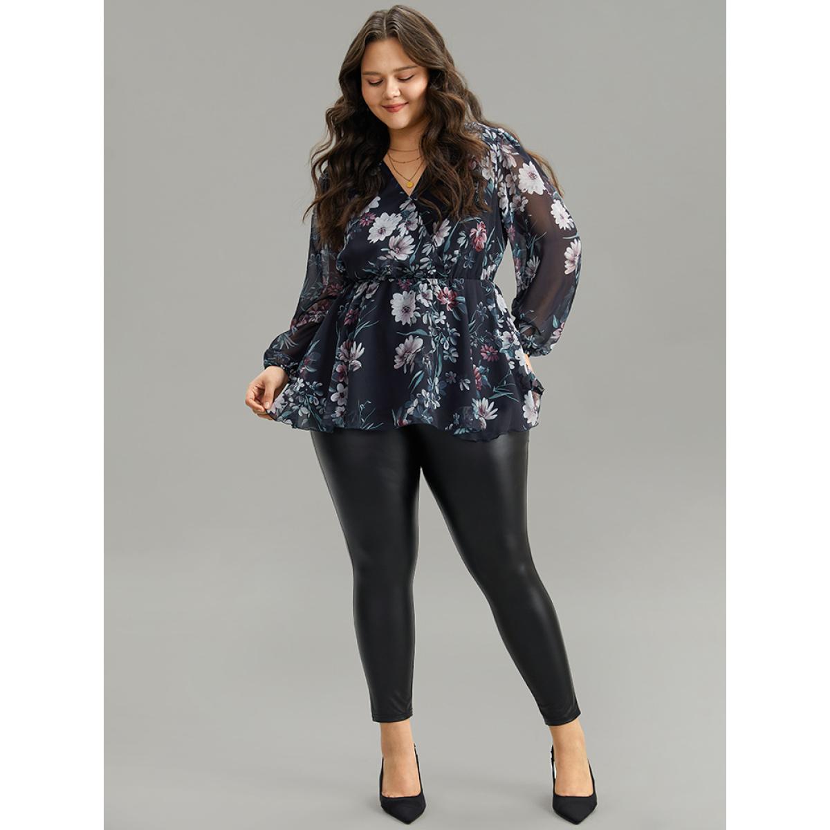 Plus Size Indigo Floral Print Elastic Waist Mesh Wrap Gathered Blouse Women Elegant Long Sleeve V-neck Dailywear Blouses BloomChic 12/L Product Image