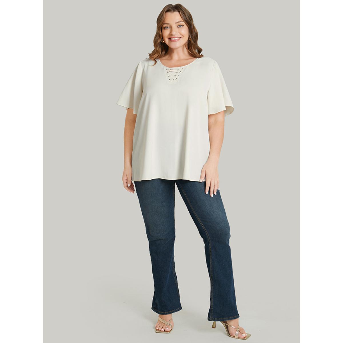 Plus Size Ivory Solid Ruffle Sleeve Crisscross Neck Blouse Women Office Short sleeve Round Neck Work Blouses BloomChic 30/6X Product Image