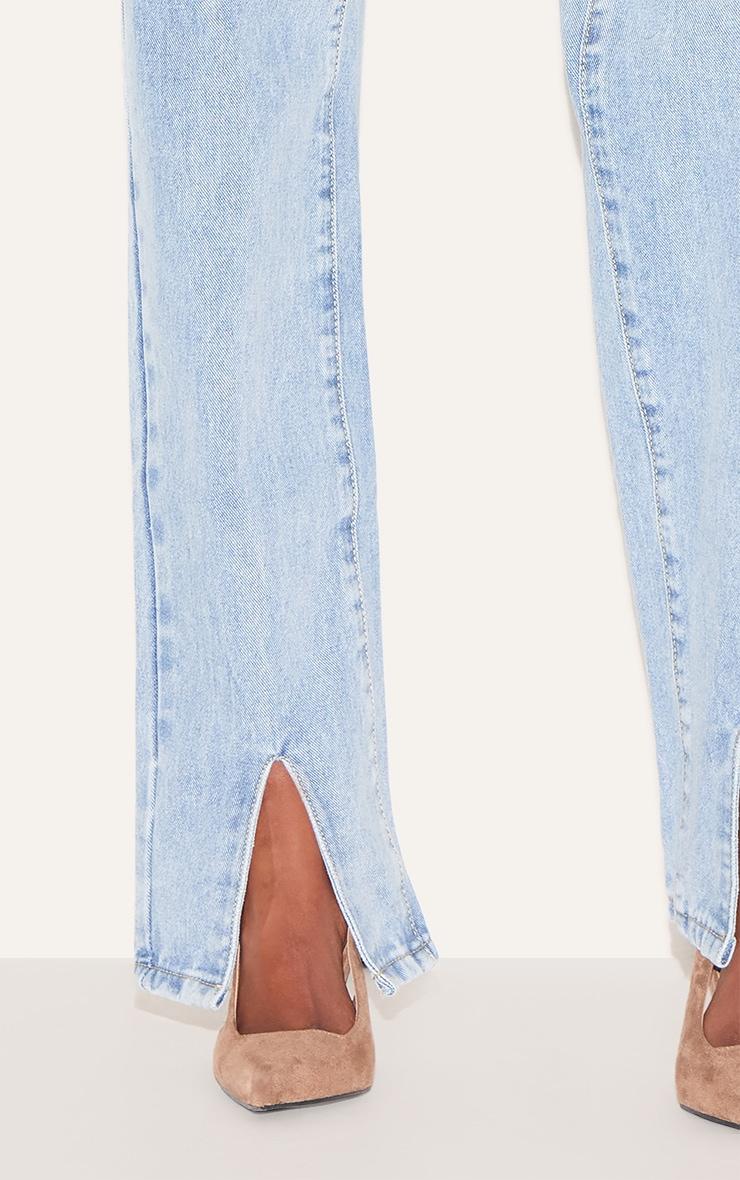 Light Blue Wash Front Split Long Leg Straight Jeans Product Image