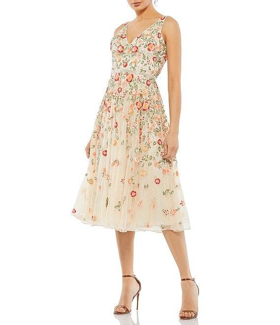 Mac Duggal Beaded V-Neck Sleeveless A-Line Midi Dress Product Image