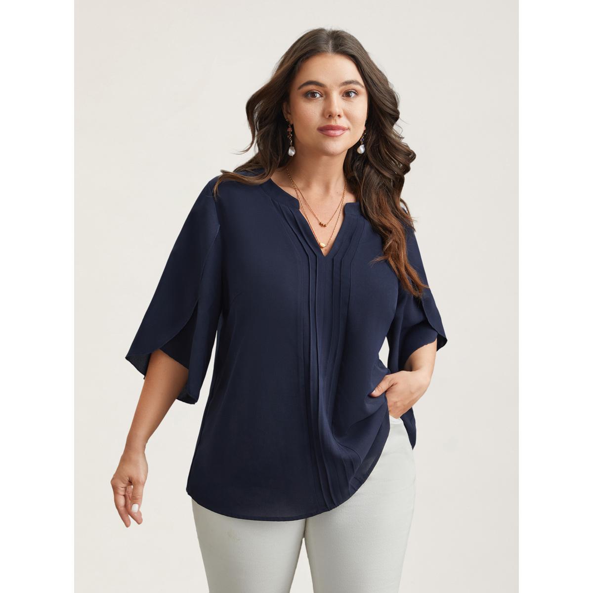 Plus Size Indigo Petal Sleeve Toothpick Pleats Shirt Women Office Elbow-length sleeve Notched collar Office Blouses BloomChic 14-16/1X Product Image
