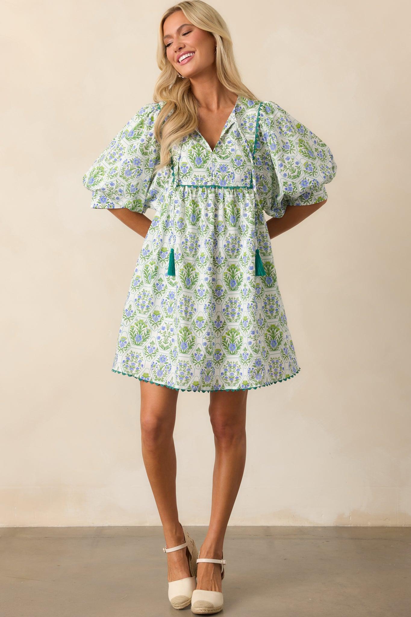 A Little Something Green Geometric Floral Cotton Mini Dress Product Image
