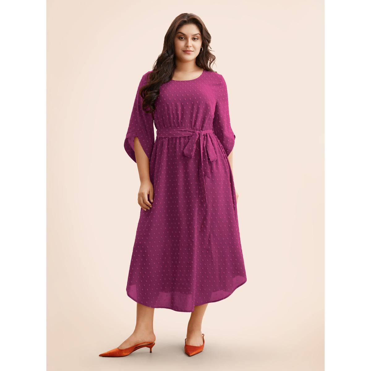 Plus Size Textured Bell Sleeve Belted Arc Hem Dress RedViolet Women Elegant Texture Round Neck Elbow-length sleeve Curvy BloomChic 14-16/1X Product Image