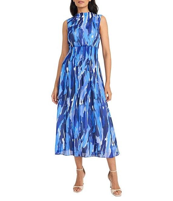 Maggy London Chiffon Multi Print Mock Neck Sleeveless Blouson Midi Dress Product Image