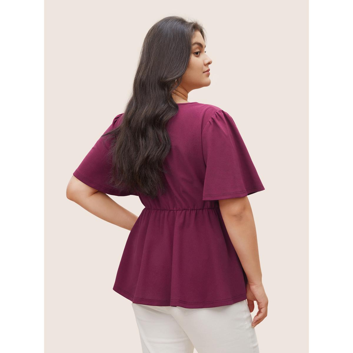 Plus Size Purple Solid Elastic Waist Flutter Sleeve Buckle Detail Blouse Women At the Office Short sleeve V-neck Work Blouses BloomChic 26/4X Product Image
