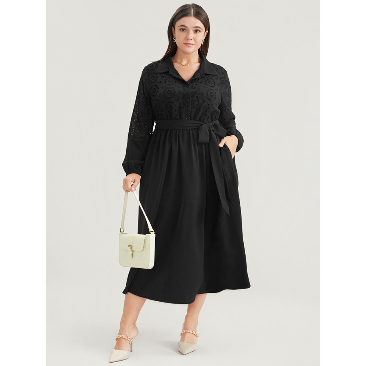 Plus Size Solid Pocket Button Detail Eyelet Lace Belted Dress Black Women Casual Patchwork Shirt collar Long Sleeve Curvy Midi Dress BloomChic 26/4X Product Image