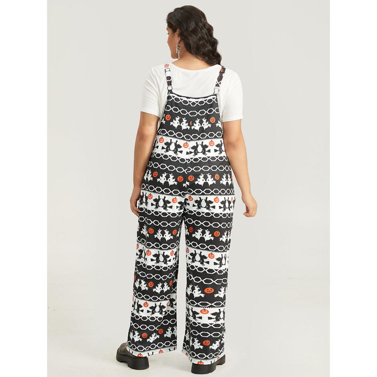 Plus Size Black Halloween Witch & Pumpkin Pattern Striped Jumpsuit Women Casual Sleeveless Spaghetti Strap Festival-Halloween Loose Jumpsuits BloomChic 18-20/2X Product Image