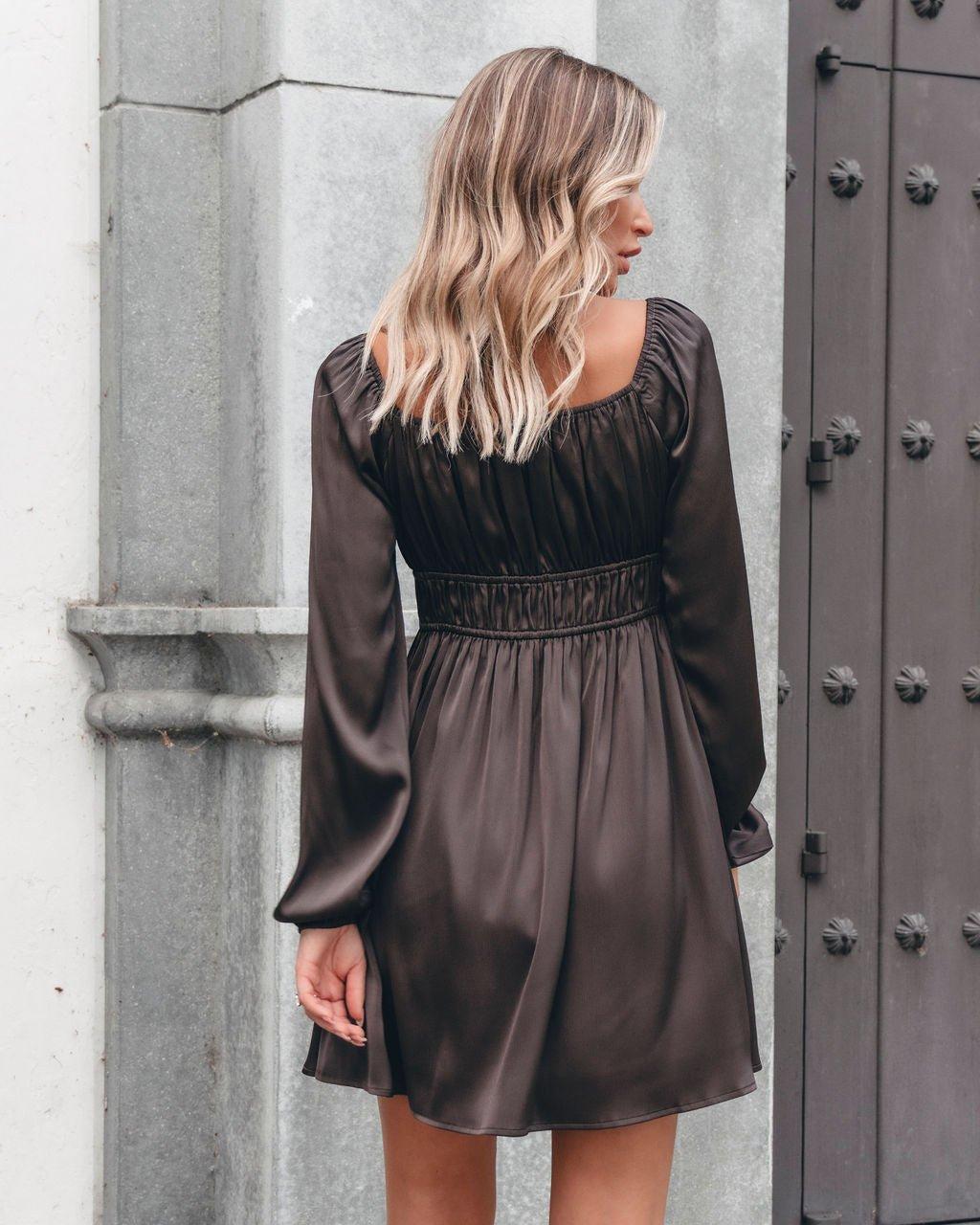 Autumn Soiree V Neck Mini Dress - Dark Brown Product Image