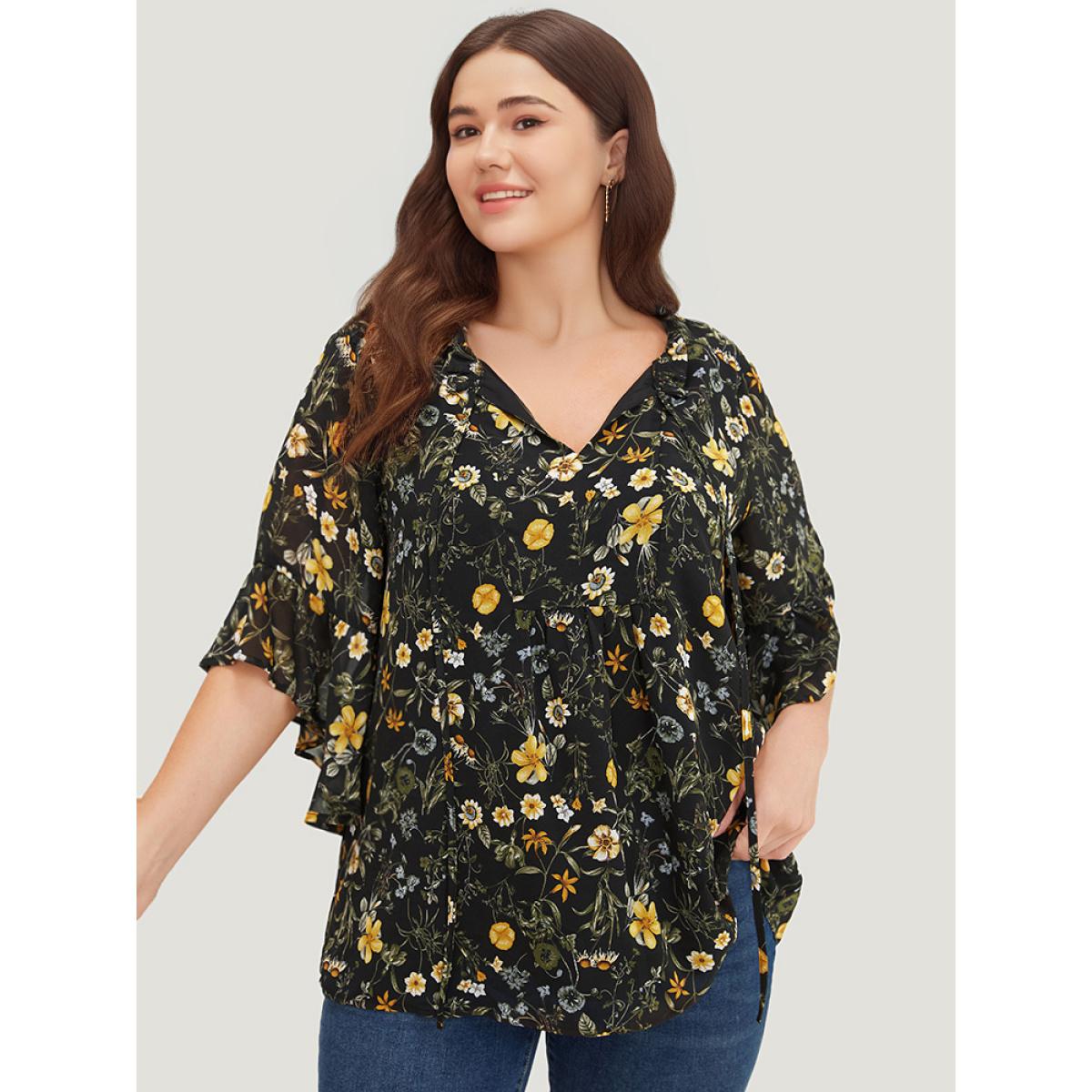 Plus Size Black Floral Tie Neck Frill Trim Bell Sleeve Blouse Women Elegant Half Sleeve Tie Neck Dailywear Blouses BloomChic 18-20/2X Product Image