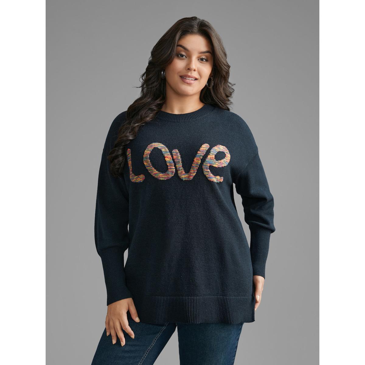 Plus Size Supersoft Essentials Love Pattern Heather Pullover Indigo Women Playful Loose Long Sleeve Round Neck Casual Pullovers BloomChic 18-20/2X Product Image