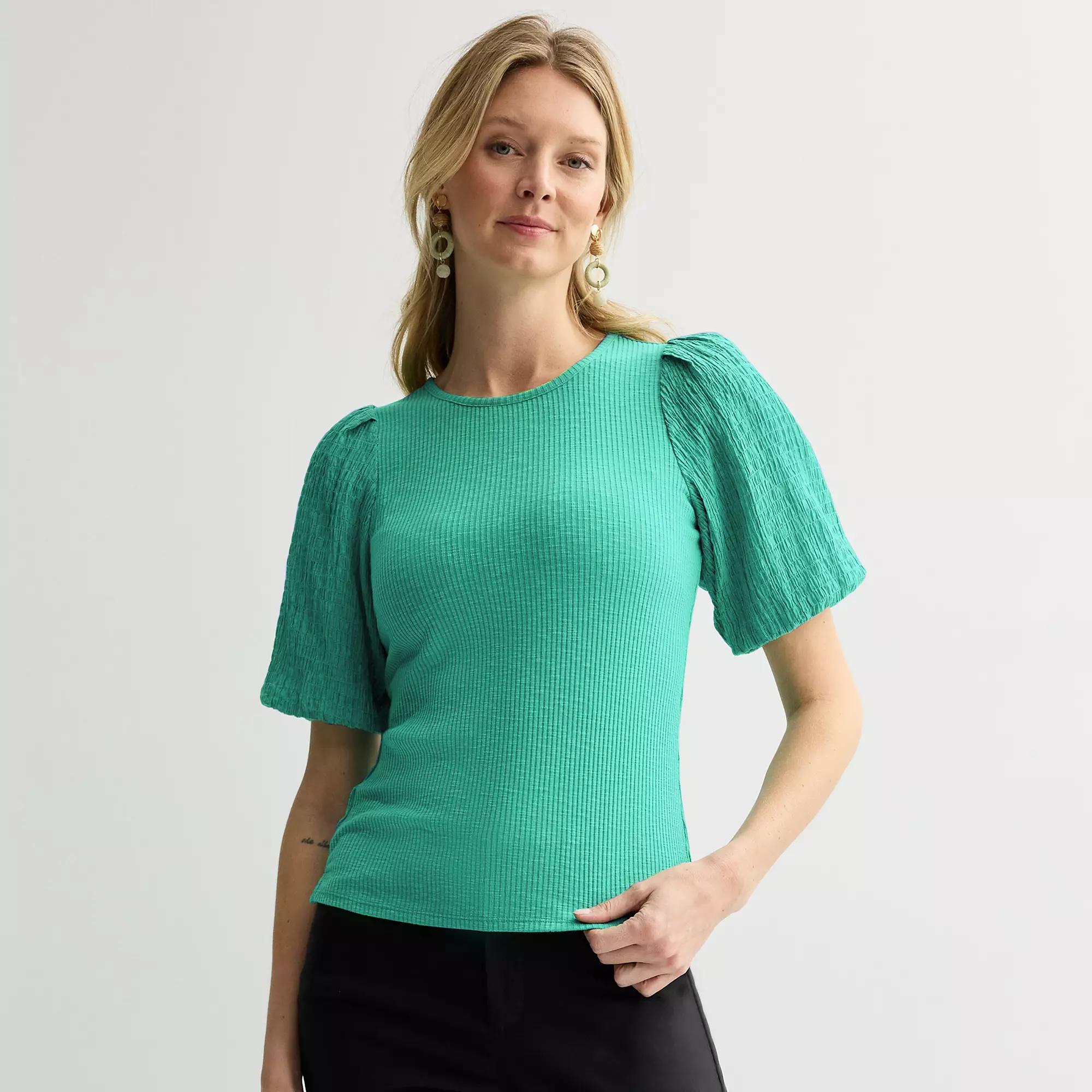 Women's Nine West Ribbed Top with Textured Sleeves, Size: Small, Green Opal Product Image