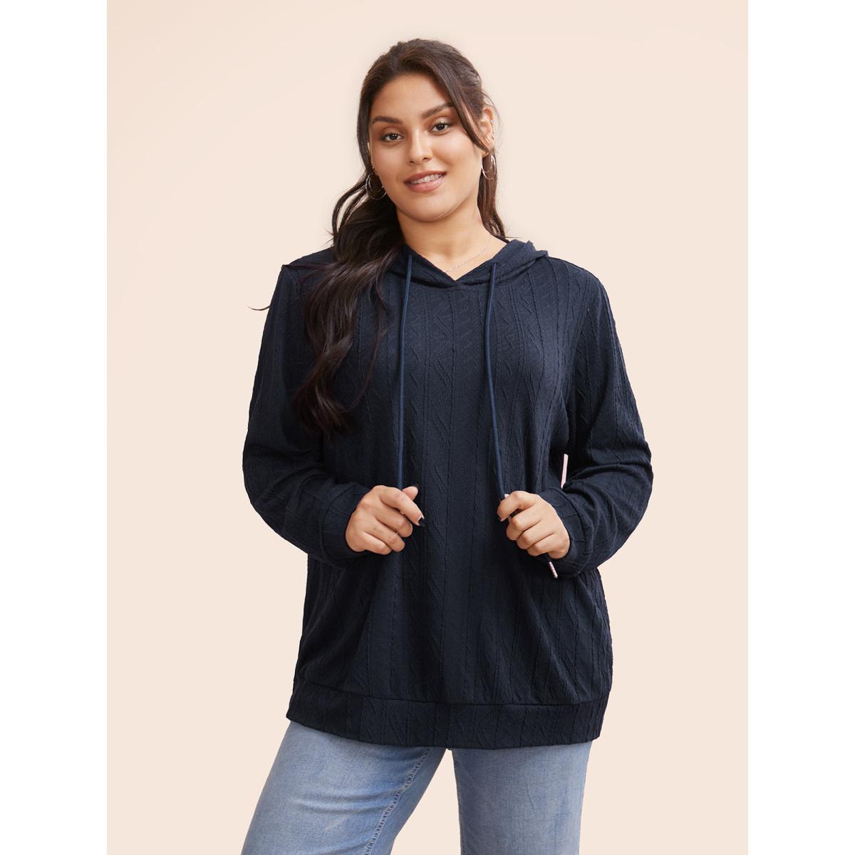 Plus Size Plain Textured Hooded Drawstring Sweatshirt Women Blue Casual Elastic cuffs Hooded Everyday Sweatshirts BloomChic 14-16/1X Product Image