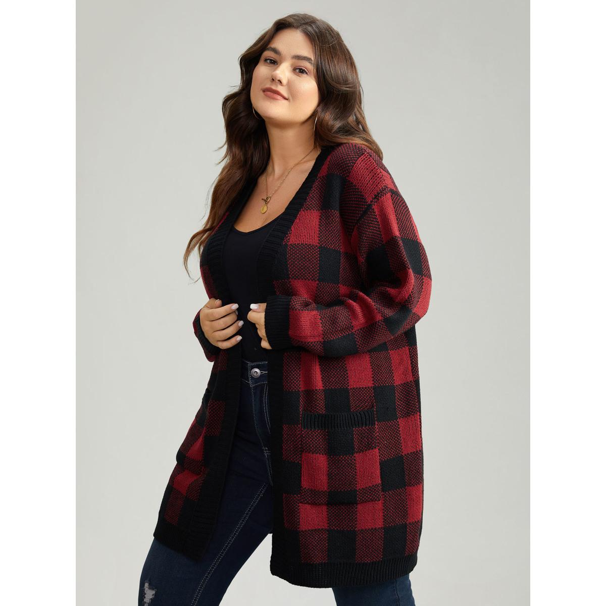 Plus Size Plaid Patched Pocket Loose Cardigan Scarlet Women Casual Loose Long Sleeve Everyday Cardigans BloomChic 28/5X Product Image