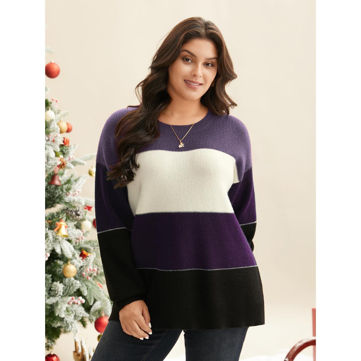 Plus Size Supersoft Essentials Holiday Color Block Pullover Deeppurple Women Casual Loose Long Sleeve Round Neck Everyday Pullovers BloomChic 18-20/2X Product Image