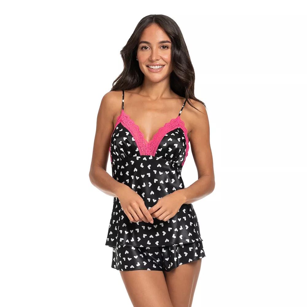 Women's Lilac+London 2-Piece Pajama Cami Top & Pajama Shorts Set, Size: Medium, Black Hearts Product Image