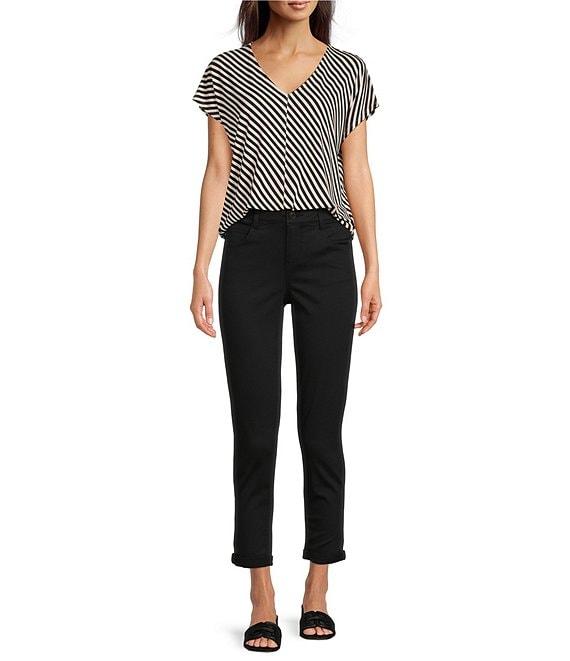 Gibson & Latimer Bias Stripe Knit V-Neck Dropped Short Sleeve Shell Shirttail Tee Shirt Product Image