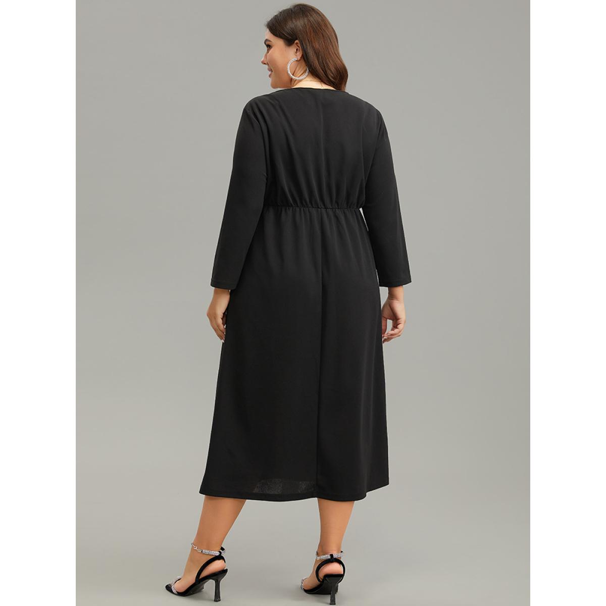 Plus Size Plain Notched Elastic Waist Split Hem Dress Black Women Glamour Plain Notched collar Long Sleeve Curvy Midi Dress BloomChic 12/L Product Image