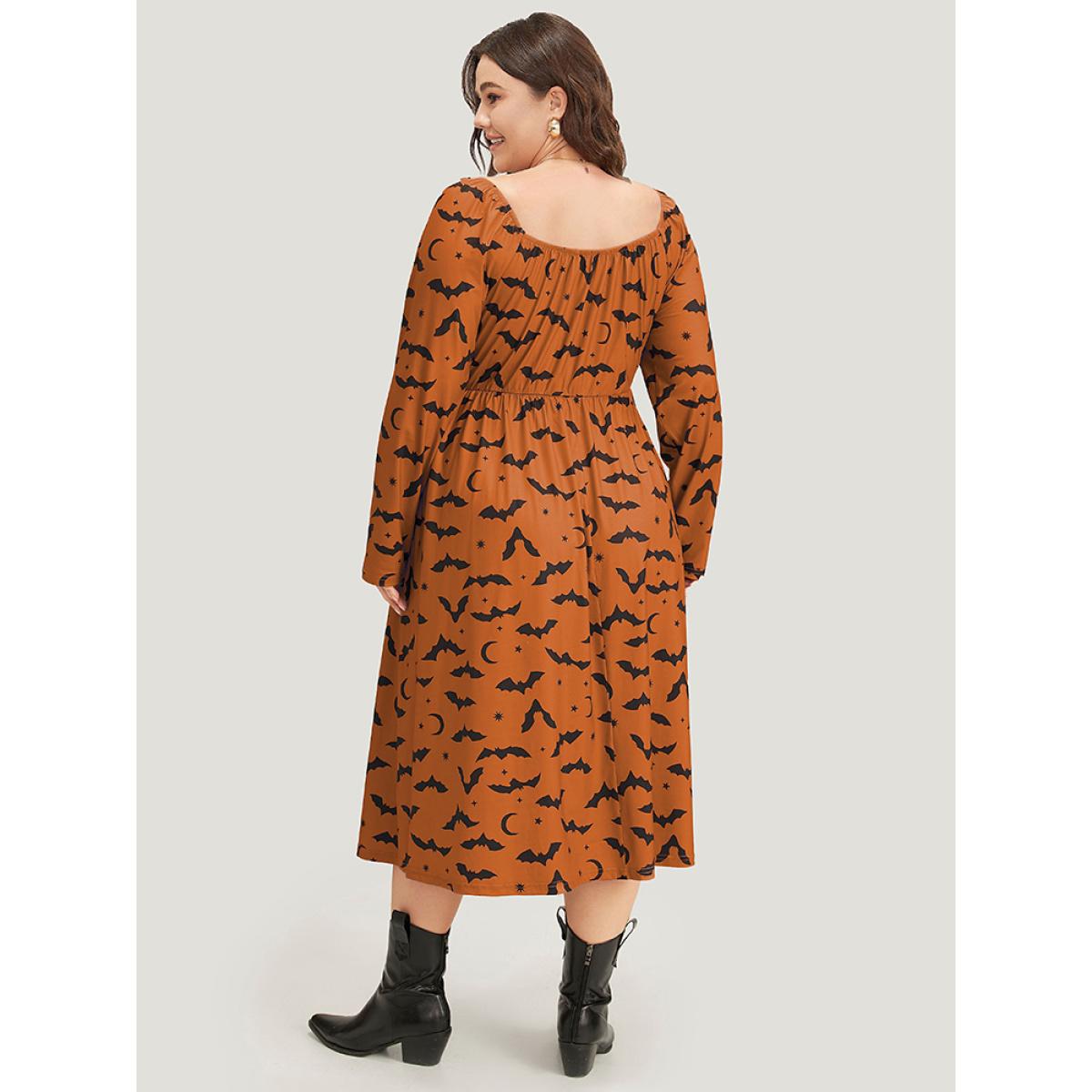 Plus Size Halloween Bat Print Pocket Square Neck Dress Rust Women Casual Gathered Square Neck Long Sleeve Curvy Midi Dress BloomChic 12/L Product Image