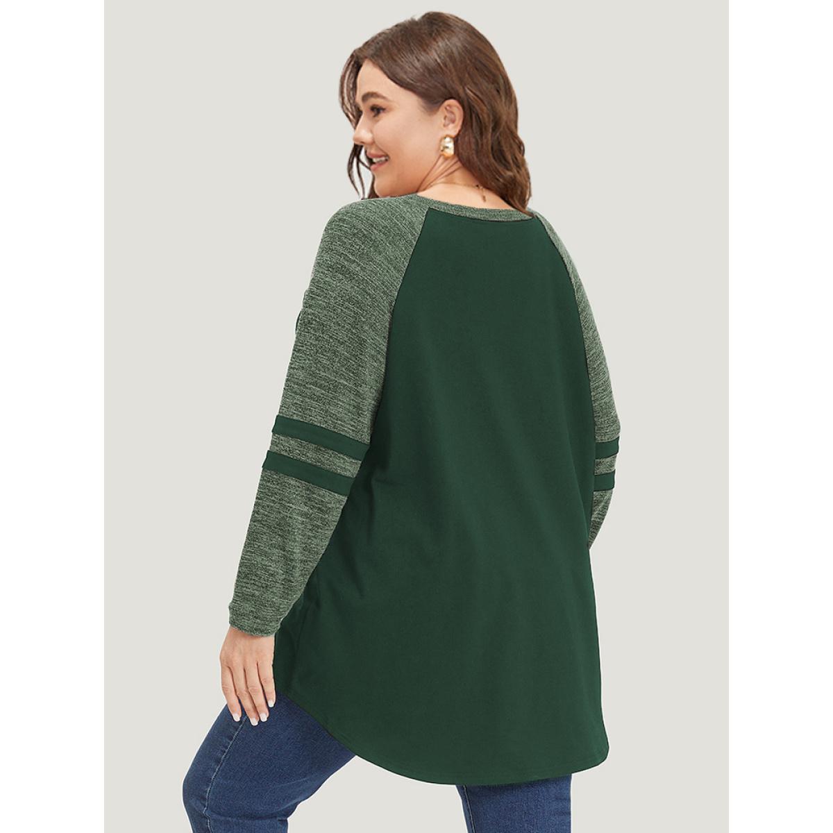 Plus Size Striped Contrast Pocket Raglan Sleeve High Low Hem Sweatshirt Women Green Casual Contrast Round Neck Everyday Sweatshirts BloomChic 10/M Product Image