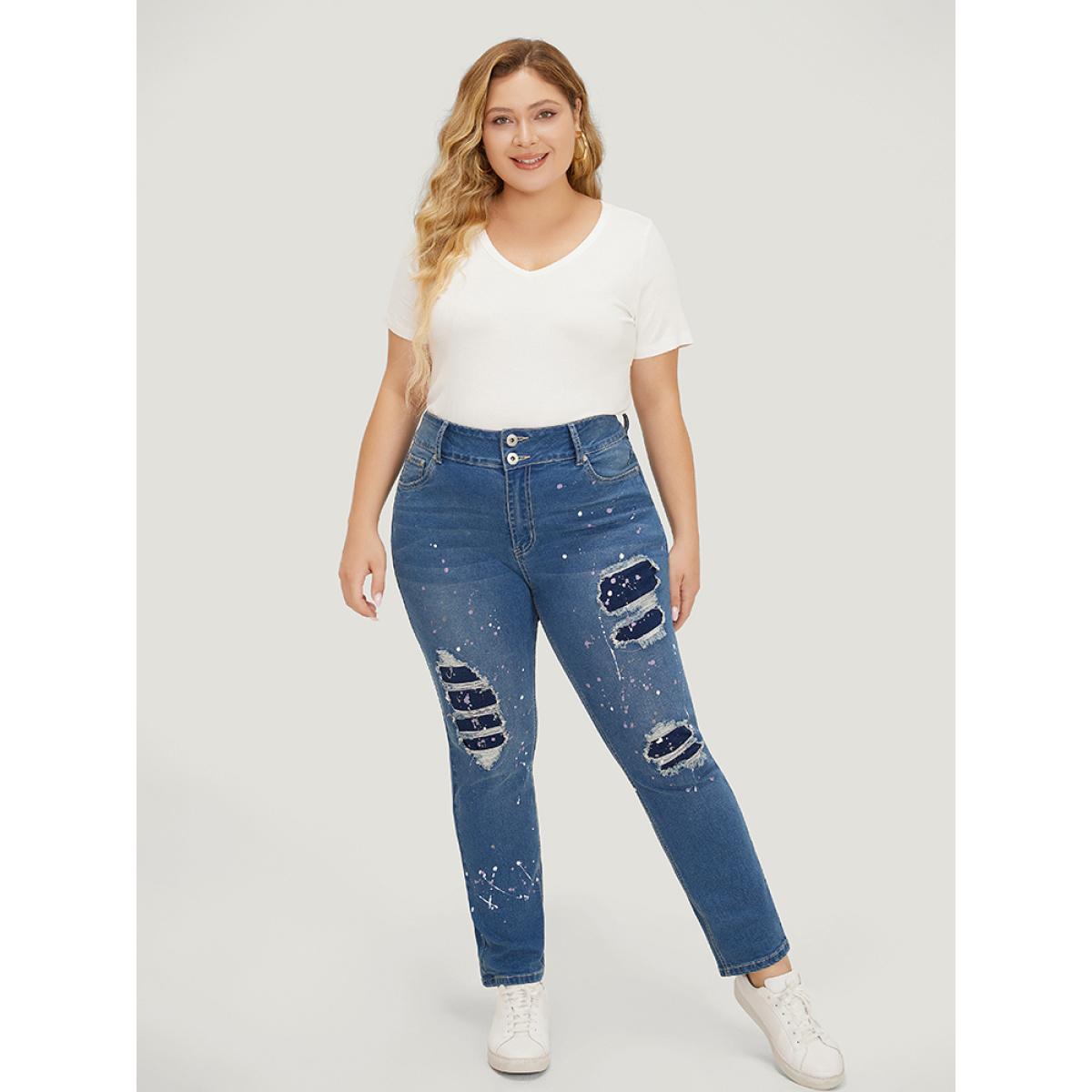Plus Size Very Stretchy High Rise Medium Wash Paint Patched Jeans Women Blue Casual Plain Printed High stretch Pocket Jeans BloomChic 22/3X Product Image