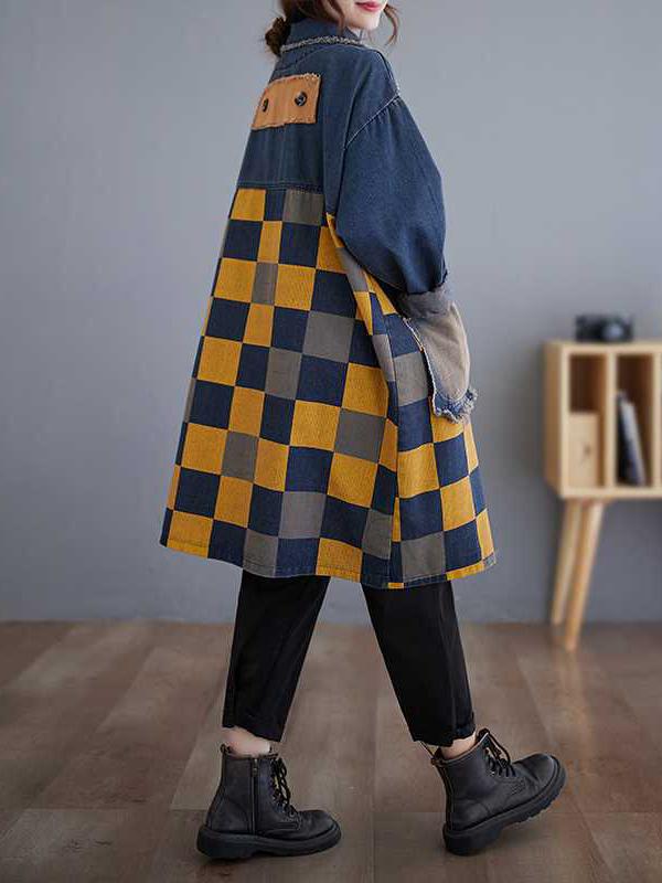 Long Sleeves Loose Buttoned Fringed Plaid Pockets Split-Joint Notched Collar Denim Outerwear Product Image