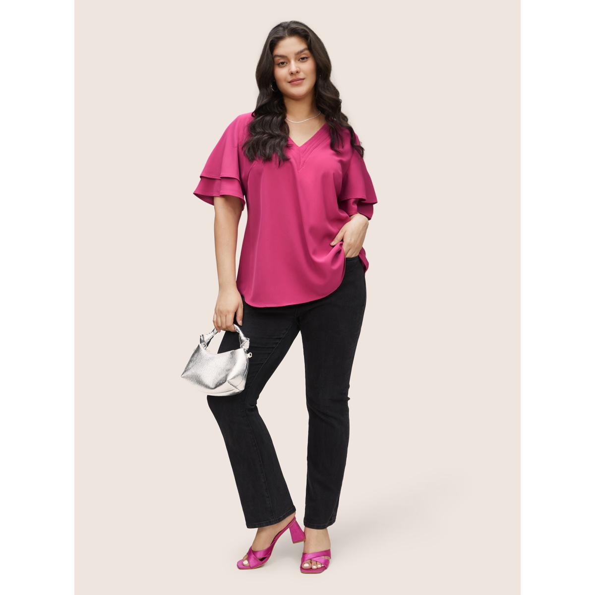 Plus Size RedViolet Anti-Wrinkle Pleated Tiered Flutter Sleeve Blouse Women Office Short sleeve V-neck Work Blouses BloomChic 28/5X Product Image