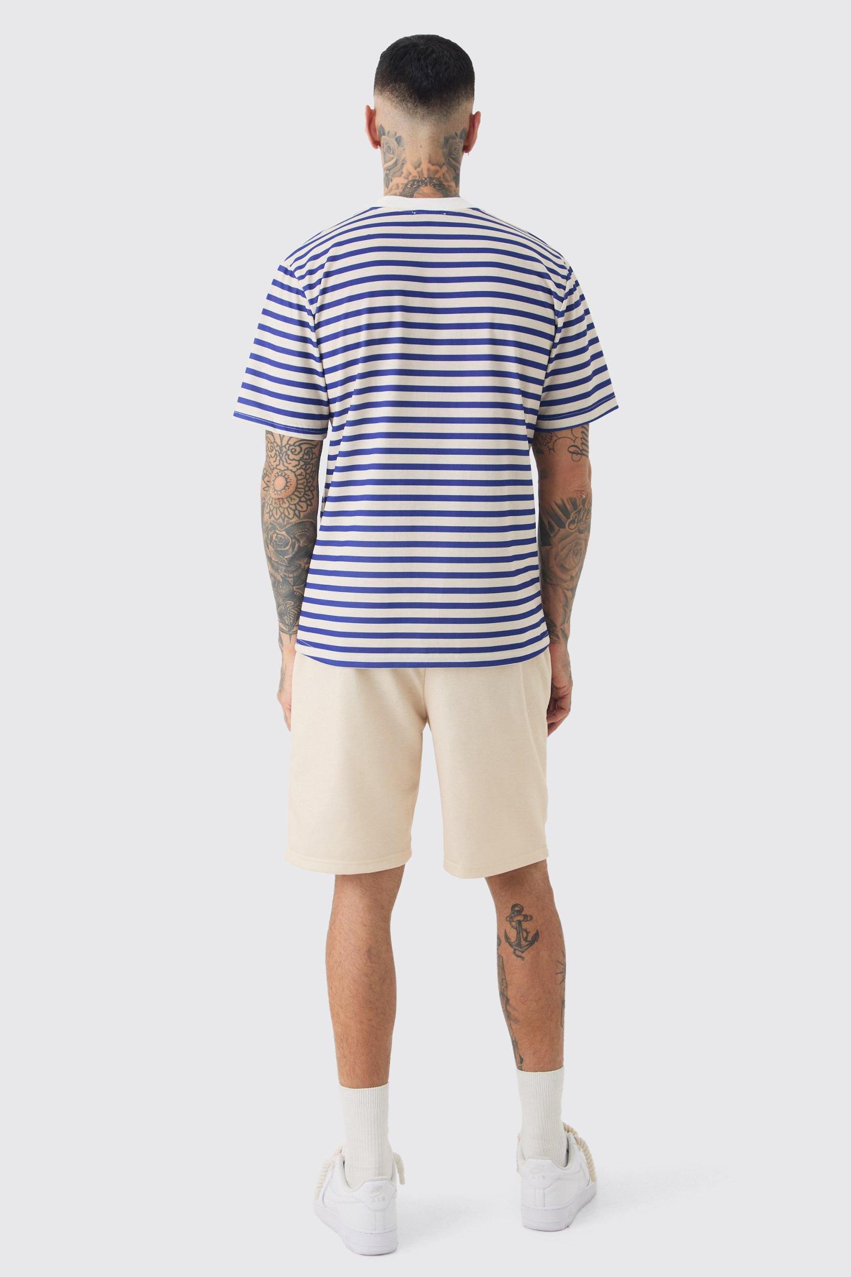 Tall Extended Neck Stripe T-shirt & Short Set | boohooMAN USA Product Image