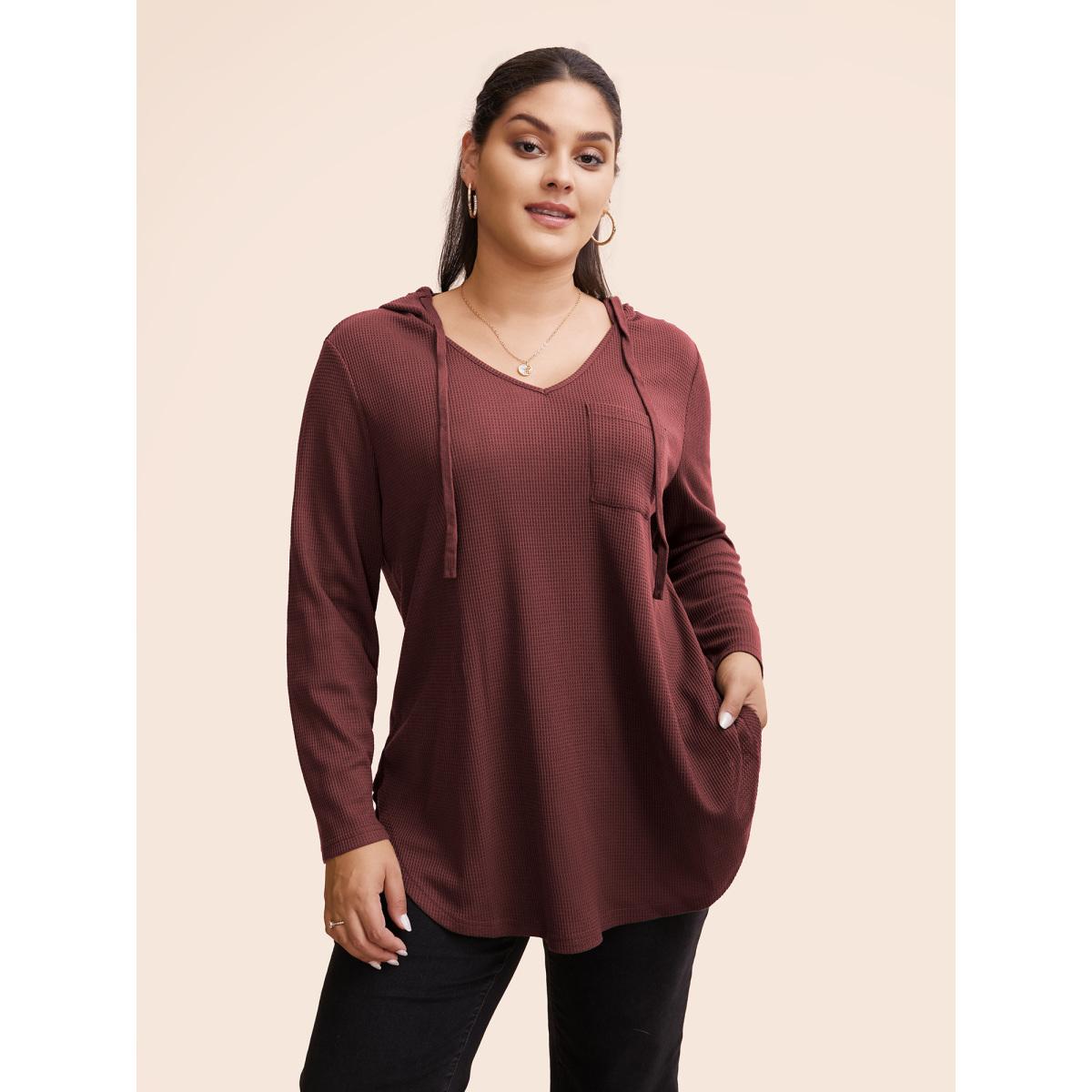 Plus Size Waffle Knit Pocket Hooded Drawstring Arc Hem T-shirt Purple Women Casual Texture Plain Hooded Everyday T-shirts BloomChic 12/L Product Image