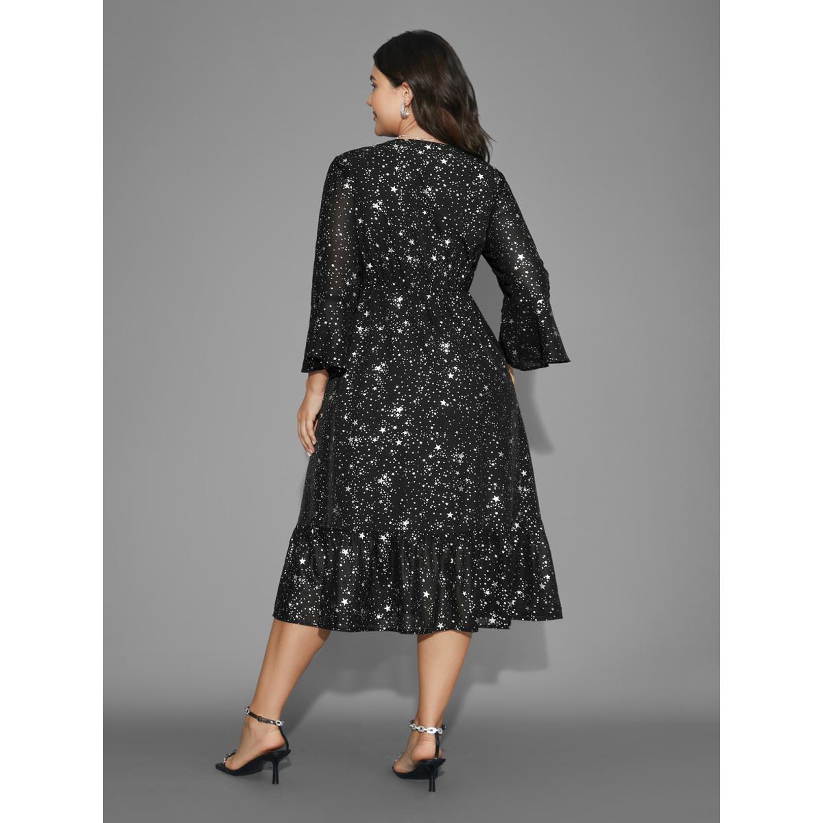 Plus Size Glitter Star Flutter Sleeve Chiffon Dress Black Women Cocktail Gathered Knit Dresses Bloomchic 28/5X Product Image