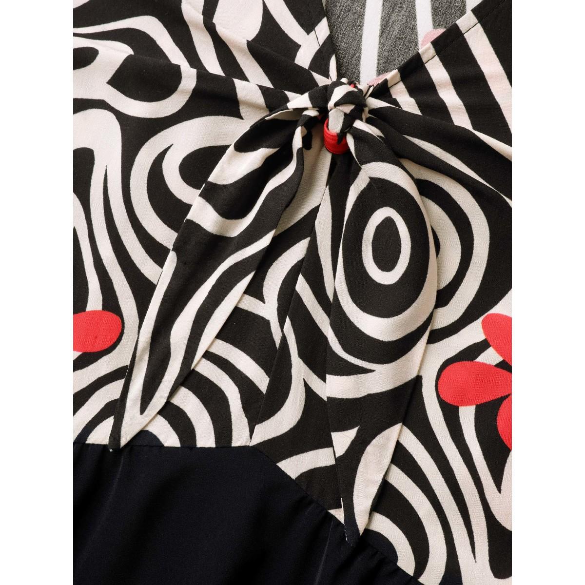 Plus Size Ribbon Collar Floral Print Contrast Midi Dress Black Women V-neck Short sleeve Curvy BloomChic 12/L Product Image