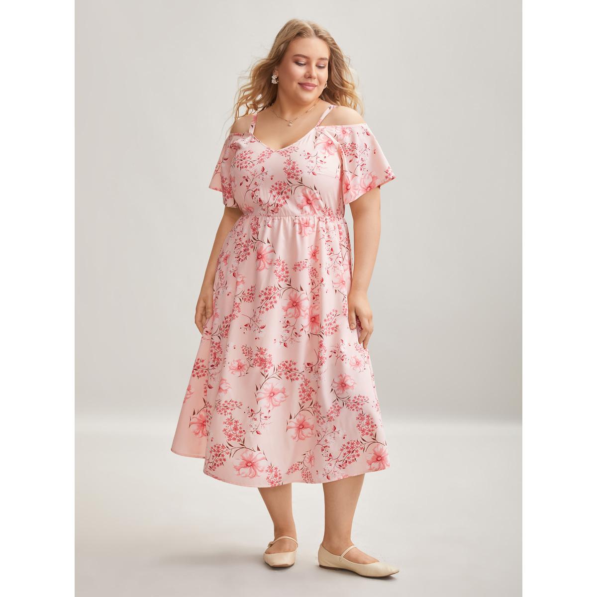Plus Size Floral Print Cold-Shoulder Pockets Midi Dress Lightpink Women Elegant Non Heart neckline Short sleeve Curvy BloomChic 14-16/1X Product Image